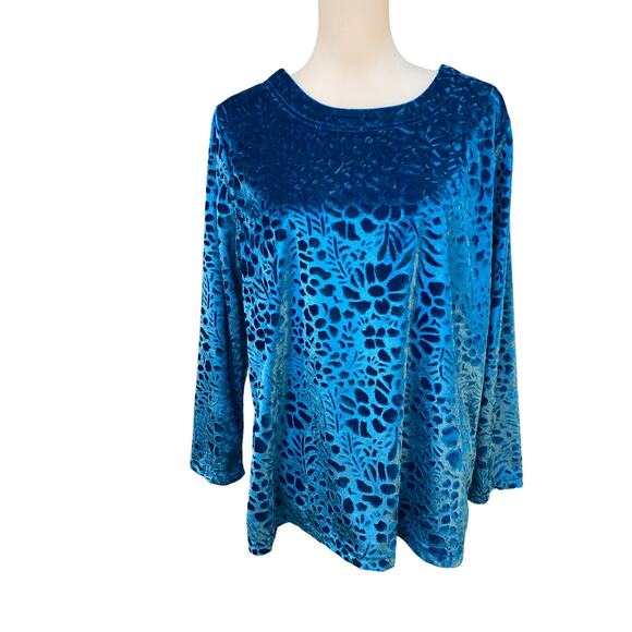 Anthony Richards Blue Velvet Textured Floral Top Long Sleeve Large Petite - Picture 1 of 6